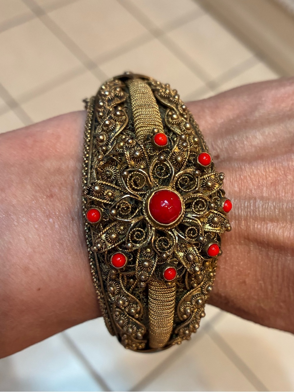 Gold Filigree Antique Bohemian Bracelet with Red Cabochons